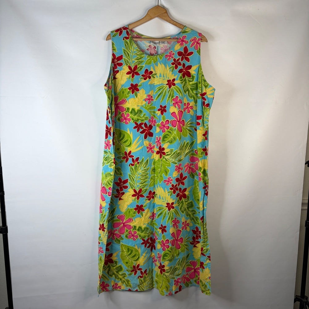 Carolina Colours Plus Maxi Dress Womens 24W Blue Tropical Floral Linen Rayon